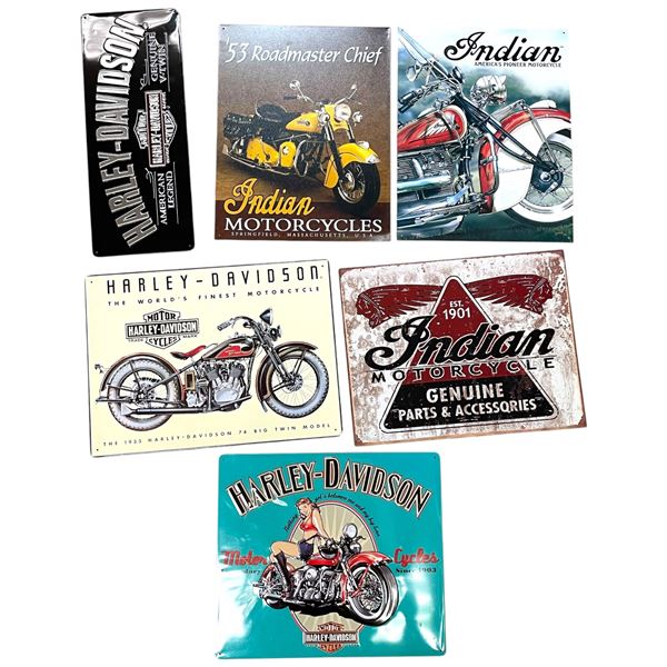 6 Motorcycle Themed Metal Novelty Signs - Harley Davidson & Indian Motorcycle
