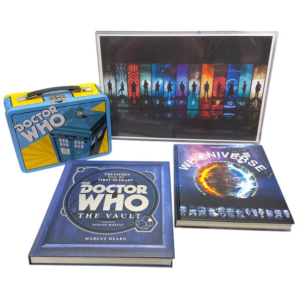 Dr. Who Collectors Lot - "All the Doctors" Print, Lunchbox, Books "The Vault and the Whoniverse" - A