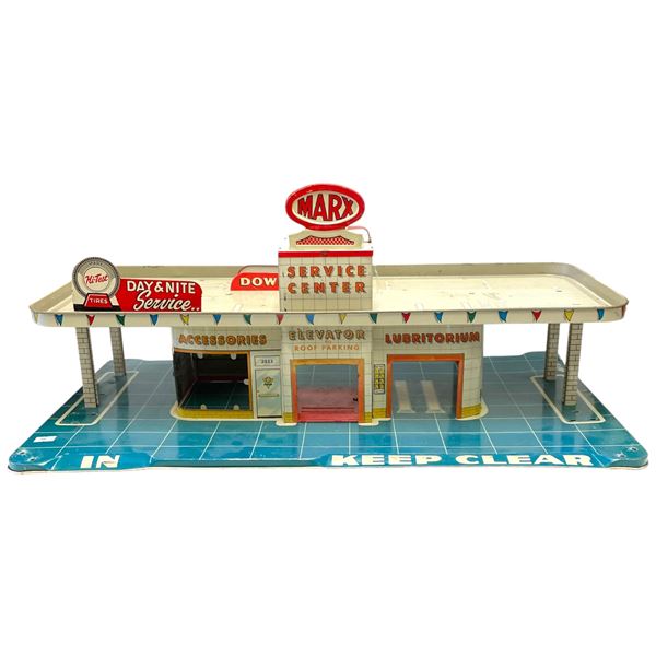 1950s Marx -Tin Lithographed "Service Center" Gas Station by Louis Marx New York - Missing a few pie