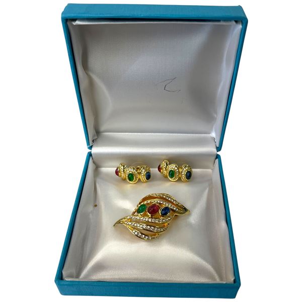 Vintage Dior Gripoix Cabochon & Crystal Brooch & Pierced Earrings in Birks Box - Hallmarked Chr. Dio