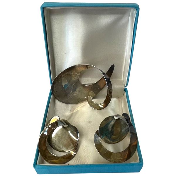 Mid-Century Birks Sterling Modernist Brooch & Earrings in Birks Blue Box - Fully Hallmarked - Brooch