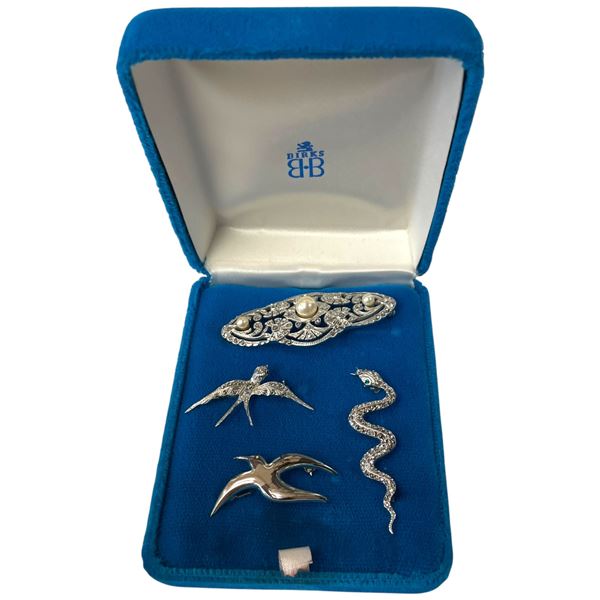 4 Vintage Birks Sterling Brooches in Birks Velvet Box - 3 have marcasite gemstones (Total weight: 19