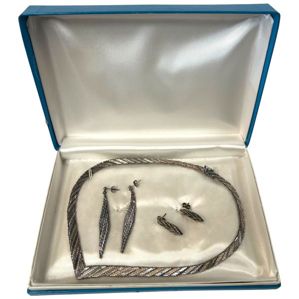 Vintage Sterling Silver Choker Necklace with 2 Pairs of Matching Pierced Earrings in Blue Birks Box 