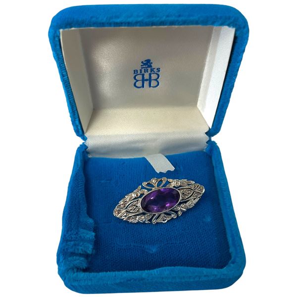 Birks Sterling Silver & Amethyst Brooch with Marcasite Gems in Birks Blue Velvet Box - Fully Hallmar