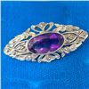 Image 2 : Birks Sterling Silver & Amethyst Brooch with Marcasite Gems in Birks Blue Velvet Box - Fully Hallmar