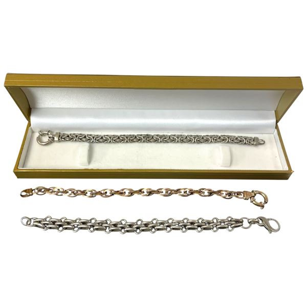 3 Italian Sterling Silver Bracelets - 1 is rose gold plated(Total weight: 36.8 grams)