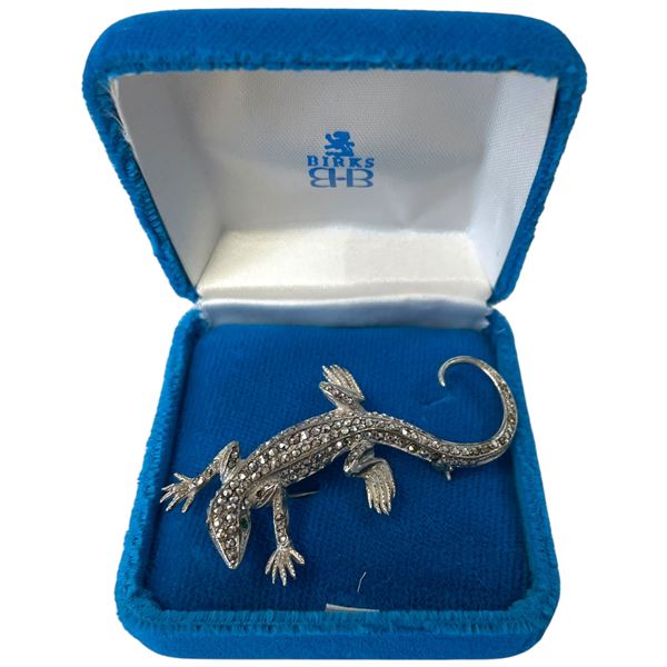 Vintage Birks Sterling Silver Marcasite Salamander Brooch in Birks Blue Velvet Case - 30 x 60mm - Ha