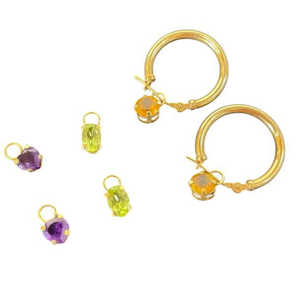 14KT Gold Hoop Earrings with 3 Different Sets of Gemstone Drops - 17.5mm hoops (Total weight with