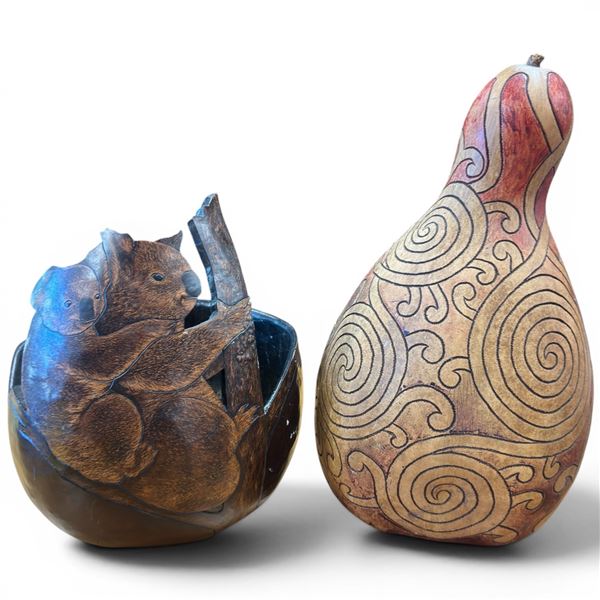 Carved Koala and Taha Māori Spiral Design Gourd Tallest is 16" Tall