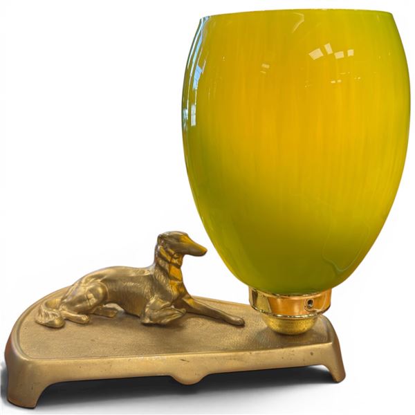 Art Deco Accent Lamp with Green Shade and Cast Metal Dog Sculpture Base Tested & Working
