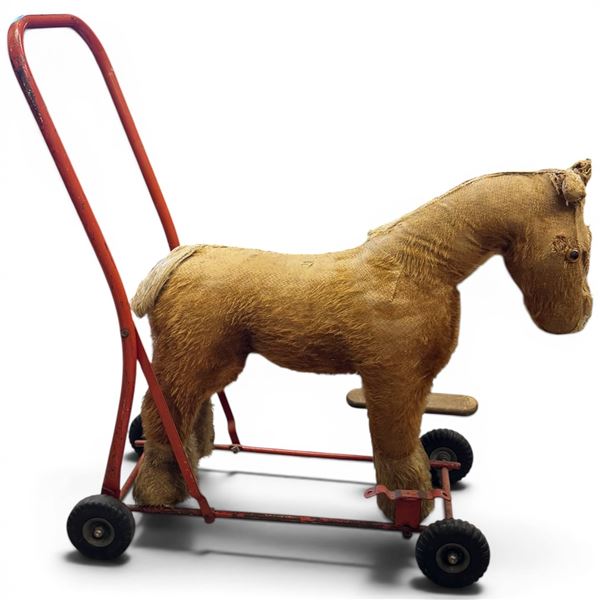 Vintage Lines Bros Tri-Ang Push Along Toy Horse with Red Metal Frame 18" Tall at the Horses Head