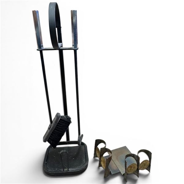 Modern Black Fireplace Set and a Pair of Metal Bookends
