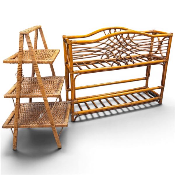 Vintage Rattan 3 Tiered Bookshelf and Bamboo/Rattan Shelving Piece 34x10x27"
