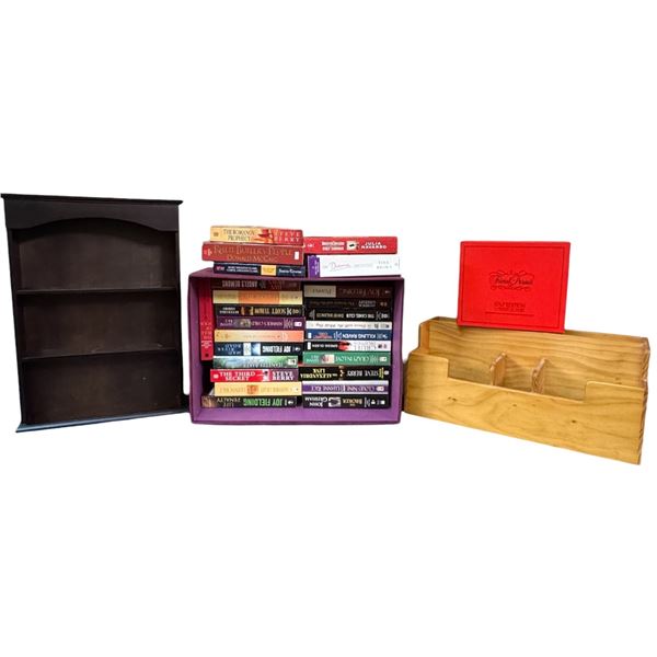 Small Collectable Curio Shelf 12x16x3", Wood Desk Organizer and Box Full of New Paperback Books