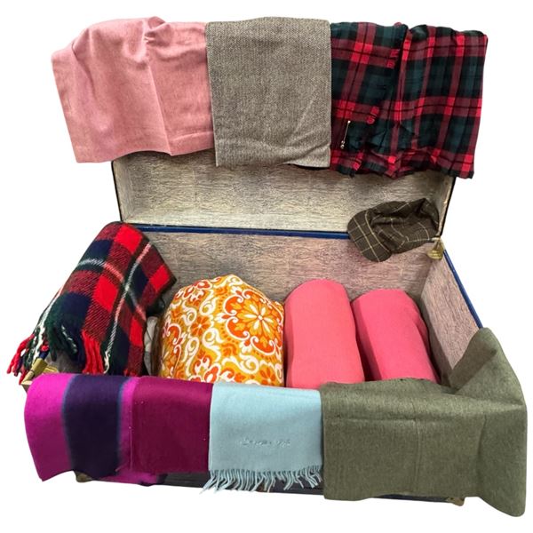 Steamer Trunk Filled with Various Mostly Wool Scarves, Hats, Skirts and Blankets
