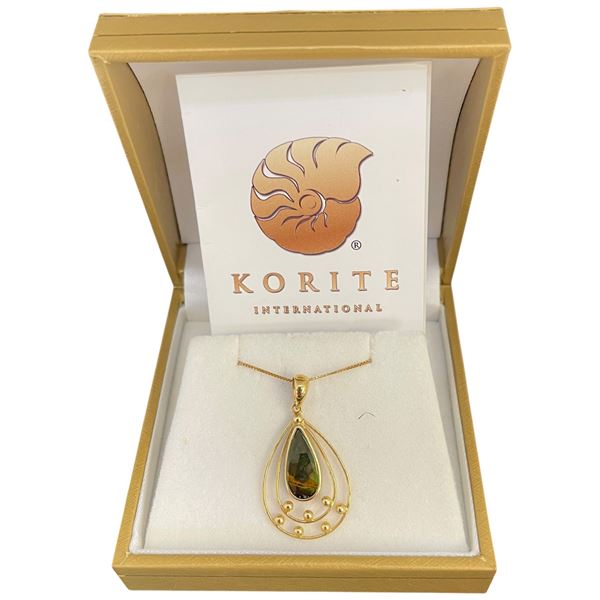 14KT Gold Ammolite Pendant Necklace by Korite - (17 x 26 mm pendant on a fine 18" box link chain) -
