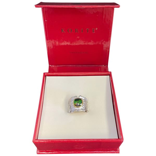 Korite Sterling Silver Ammolite Ring with Gold Gilded Bezel - Size 8 (Widest part of the band is 17m