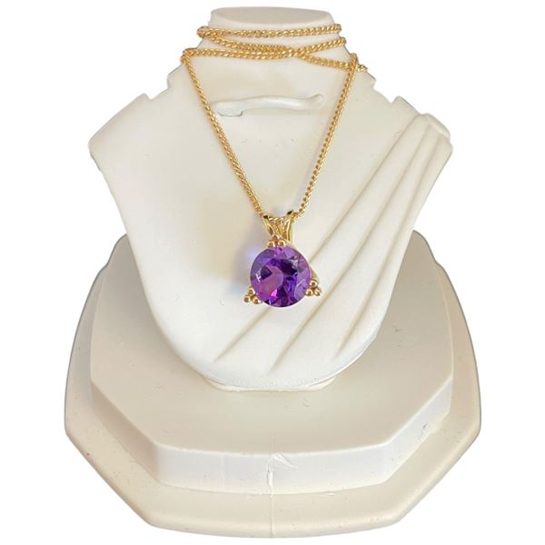14KT Gold Amethyst Pendant Necklace - 1.25 Carat Solitaire Amethyst on 18" Chain (Total weight: 2.5 
