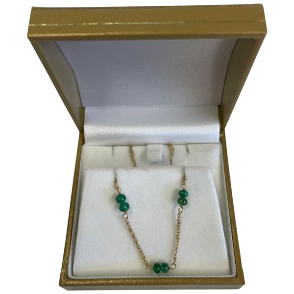 14KT Gold 18" Chain Necklace with Emerald Bead Stations -  3.8mm beads  (Total weight: 2.9 grams)