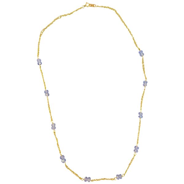 14KT Gold 18" Chain Necklace with Tanzanite Bead Stations -  4mm beads  (Total weight: 3.3 grams)