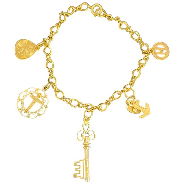 10KT Gold 7.5" Charm Bracelet with Five 10KT Charms (Total weight: 9.2 grams)