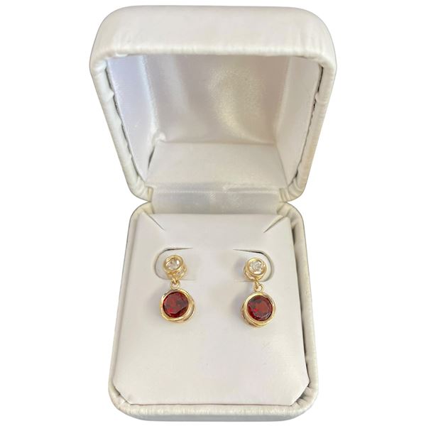 14KT Gold Garnet & White Topaz Earrings - Bezel set .05 Carat Garnets - (Total weight: 1.7 grams)