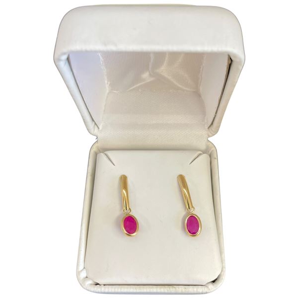 14KT Gold Ruby Drop Earrings - 4.5 x 5.5mm Rubies - 20mm drop (Total weight: 1 gram)