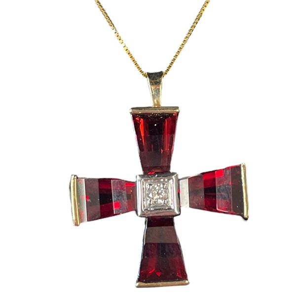 14KT Gold Garnet and Diamond Cross Necklace - 24 x 24mm garnet cross with diamond in the center on a