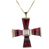 Image 1 : 14KT Gold Garnet and Diamond Cross Necklace - 24 x 24mm garnet cross with diamond in the center on a