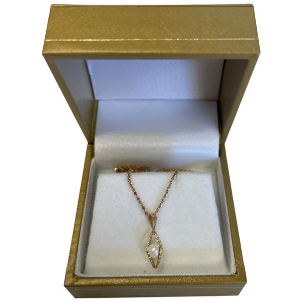 10KT Gold Caged Pearl Necklace - 4.5 mm caged pearl pendant on 18" chain (Total weight: 1.9 grams)
