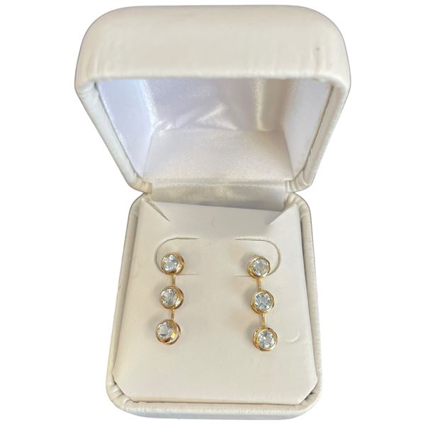 14KT Gold Aquamarine Drop Earrings - 4.3mm bezel set gems - 20mm drop (Total weight: 1.1 grams)