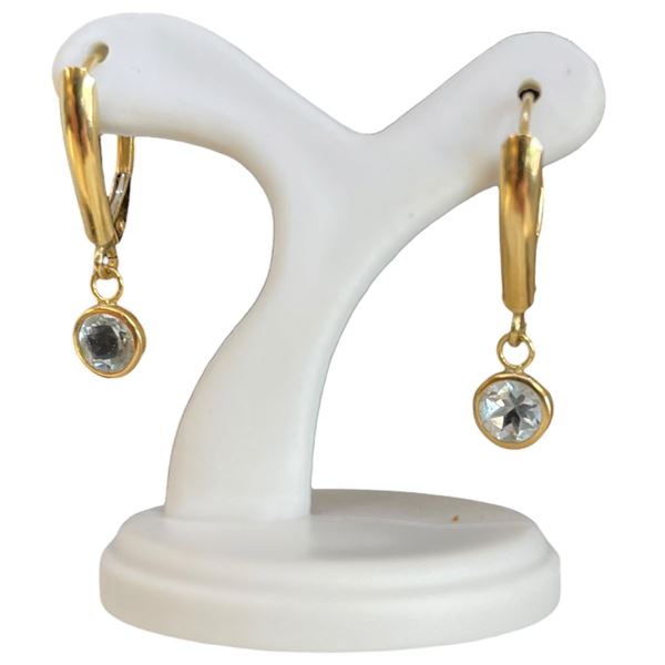 18KT Gold Aquamarine Lever Back Drop Earrings - 4mm gems - 24mm drop (Total weight: 1.2 grams)