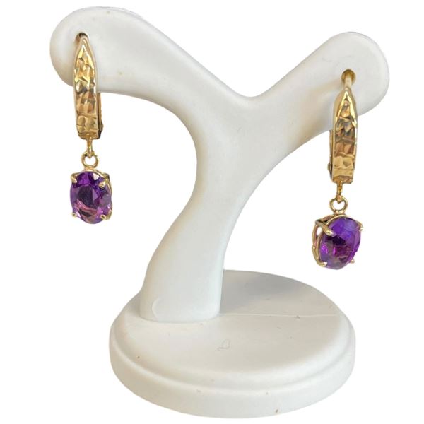 14KT Gold Hoop Earrings with Amethyst Dangle - 5 x 7mm gems on 12.5mm hinged hoops (total weight: 1.