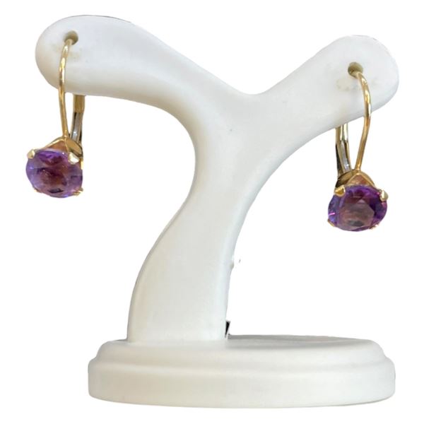 14KT Gold Amethyst Solitaire Earrings - Lever Back  - 5.9mm gems (Total weight: 1.2 grams)