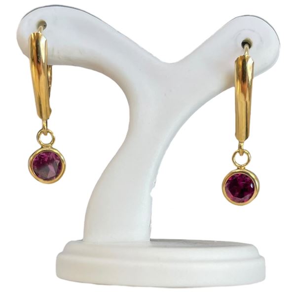 18KT Gold Round Amethyst Drop Earrings - Lever Back  - 4.3mm gems (Total weight: 1.2 grams)