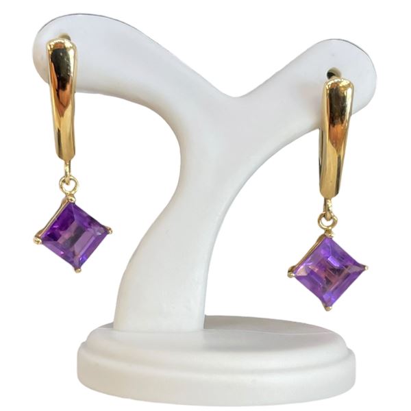 14KT Gold Amethyst Princess Cut Drop Earrings - Lever Back  - 6.8mm gems (Total weight: 1.6 grams)