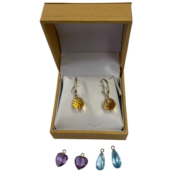 14KT Gold Lever Back Earrings with Interchangeable Gemstone Charms - Earrings without the charms hav