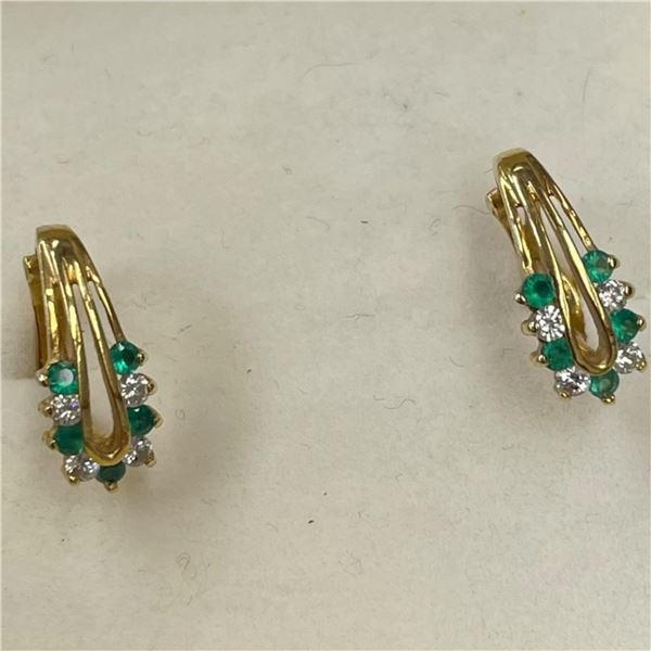 10KT Gold Emerald & Clear Crytal Accented Hinged Earrings - 14mm long with omega back (Total weight: