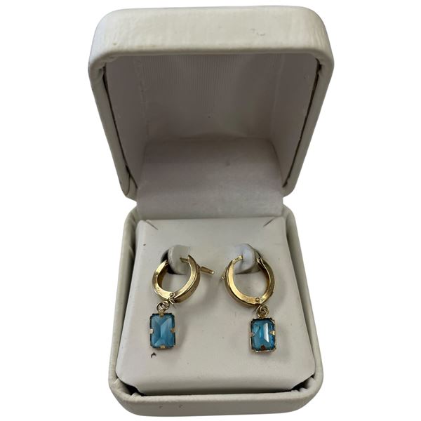 10KT Gold Huggie Hoops with Blue Topaz Drops - 12mm hoops with 4.5 x 5 mm drops (Total weight: 1.5 g