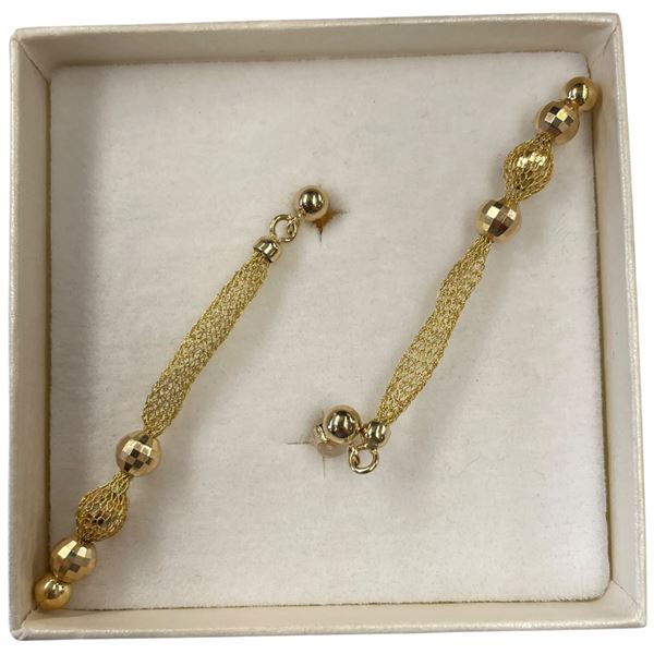 14KT Gold Mesh & Ball Dangle Earrings - 50mm long (Total weight: 1.5 grams)