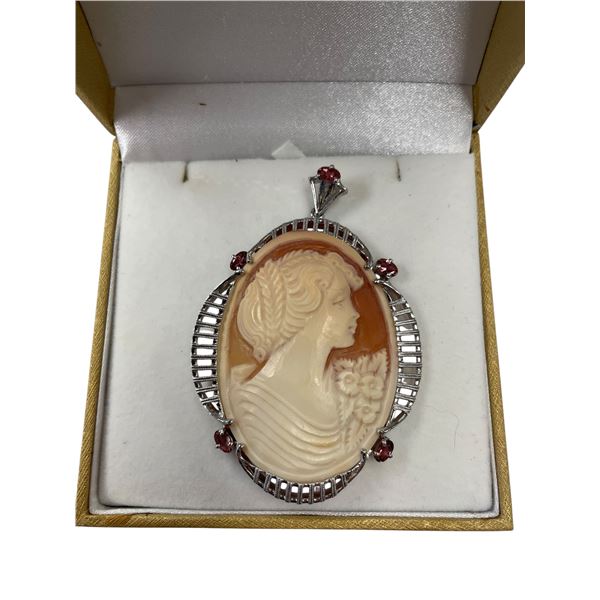 Large White Gold Plated .925 Silver Cameo Pendant with Tourmaline Accent Gems- 48 x 59 mm (Total wei