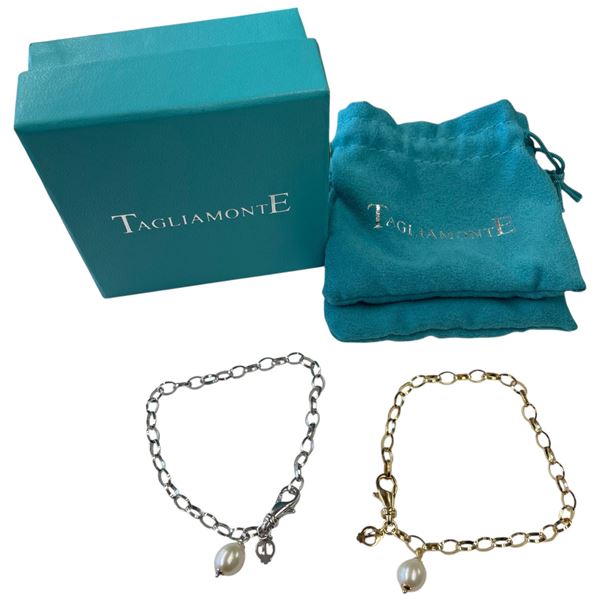 2 Italian Tagliamonte Sterling Silver Rolo Link Bracelets with Pearl Accent (1 bracelet is gold plat