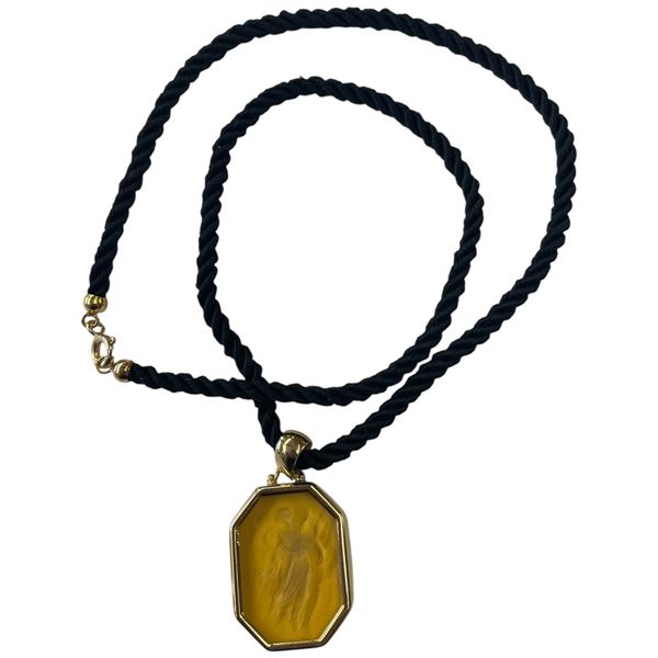 14K Gold Tagliamonte Amber Venetian Intaglio Glass Pendant on Cord (Total weight of pendant without 