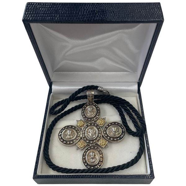 Sterling Silver Tagliamonte Orthodox Style Cross Pendant on Cord  - 14K Gold Accents (Total weight w