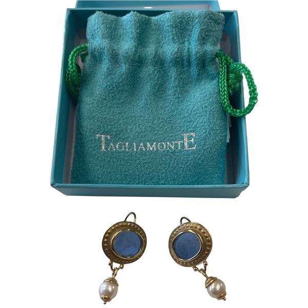 14K Gold Tagliamonte Blue Venetian Intaglio Glass Earrings with Pearl Drop (Total weight: 7 grams) L
