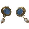 Image 2 : 14K Gold Tagliamonte Blue Venetian Intaglio Glass Earrings with Pearl Drop (Total weight: 7 grams) L