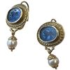 Image 3 : 14K Gold Tagliamonte Blue Venetian Intaglio Glass Earrings with Pearl Drop (Total weight: 7 grams) L
