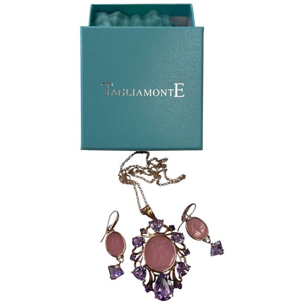 .925 Silver Rose Gold Plated Tagliamonte Pink Venetian Intaglio Glass Necklace & Earring Set Accente