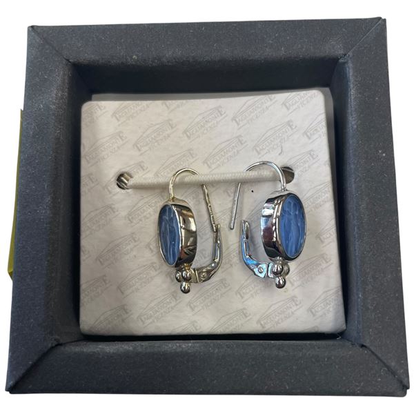 14K White Gold Tagliamonte Blue Venetian Intaglio Glass Earrings - Lever Back (Total weight: 3.8 gra