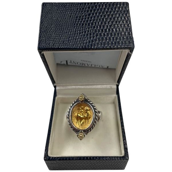 .925 Silver Tagliamonte Ring with 14K Gold Embossed Center - Size 8 (Total weight: 8.79 grams) Face 